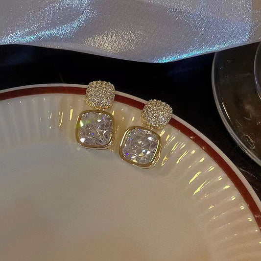 Sier Needle Simple Exquisite Square Zircon Light Luxury High-grade Earrings