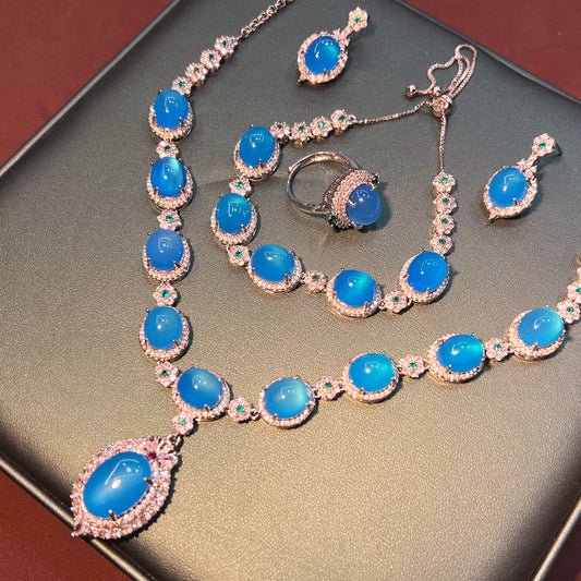 Chinese Sapphire Chalcedony Retro Court Sier Jewelry Set