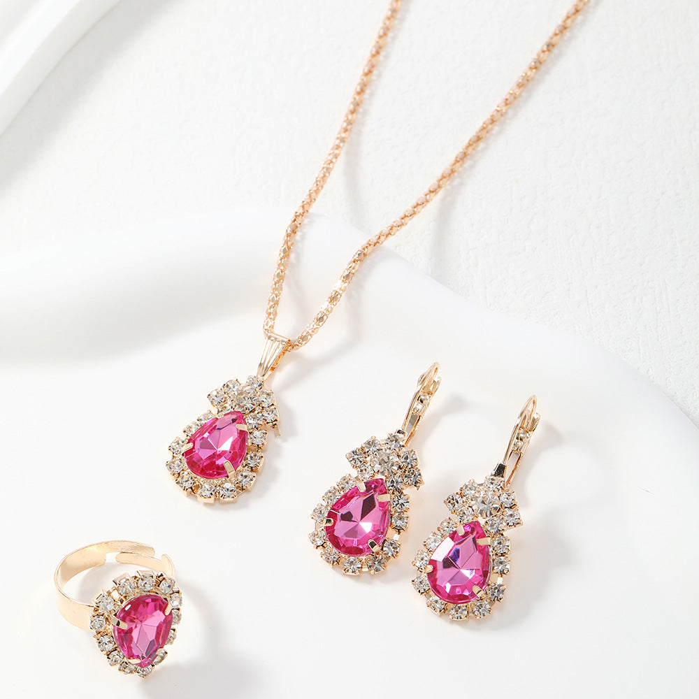 Rose Red Lake Blue Three-piece Rhinestone Necklaces