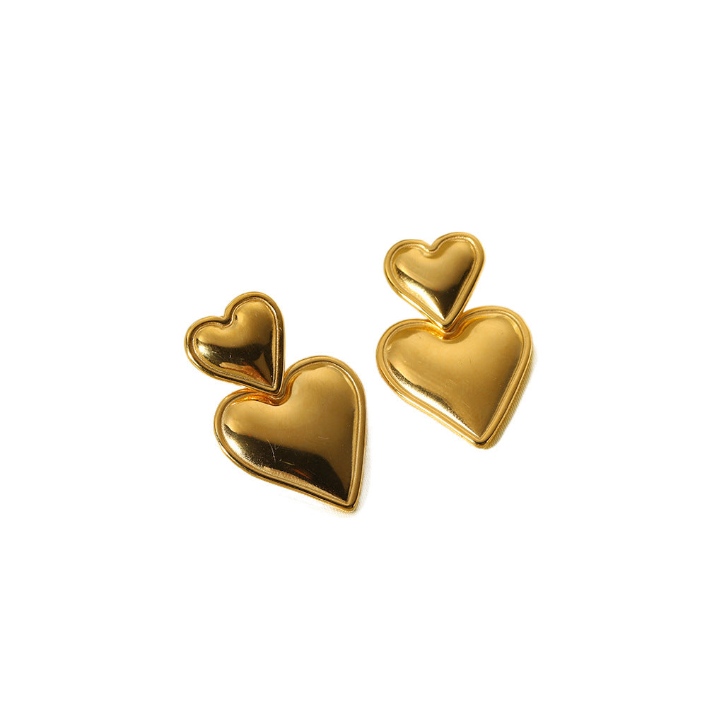 Gold Love Double Peach Heart Stainless Earrings