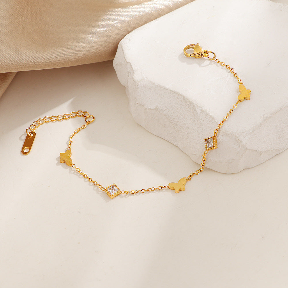 Exquisite Thin Rhombus Rhinestone Butterfly Titanium Steel Bracelet