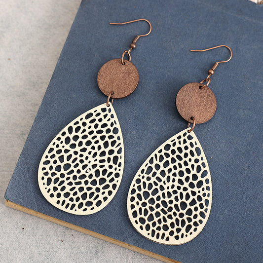 Retro Hollow Spider Web Stitching Wood Earrings