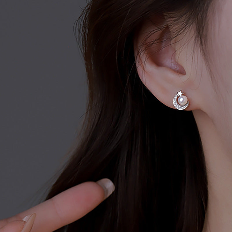 Women's Sterling Sier Small Star Moon Ear Simple Stud Earrings