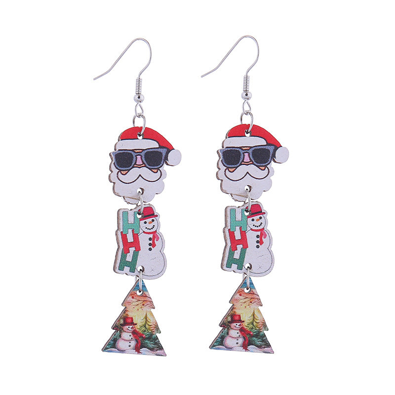 Christmas Tree Hat Bell Snowman Wooden Earrings