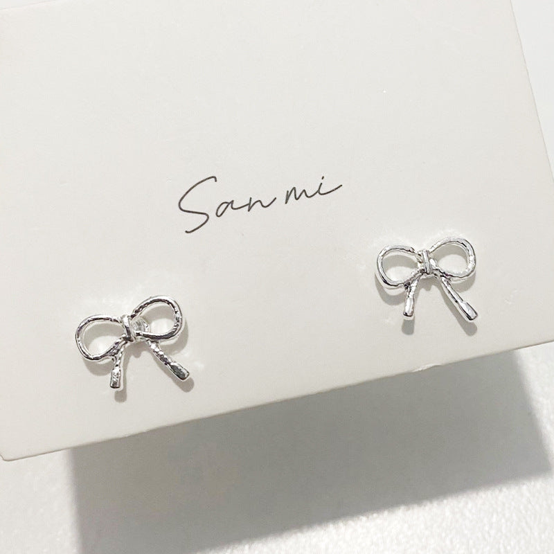 Fresh Plain Sier Plated Bow Female Small Simple Stud Earrings