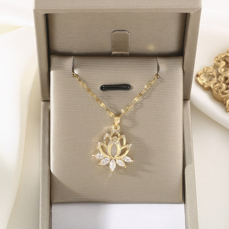 Lip Chain Grid Copper Micro Inlay Opal Lotus Temperament Entry Necklace