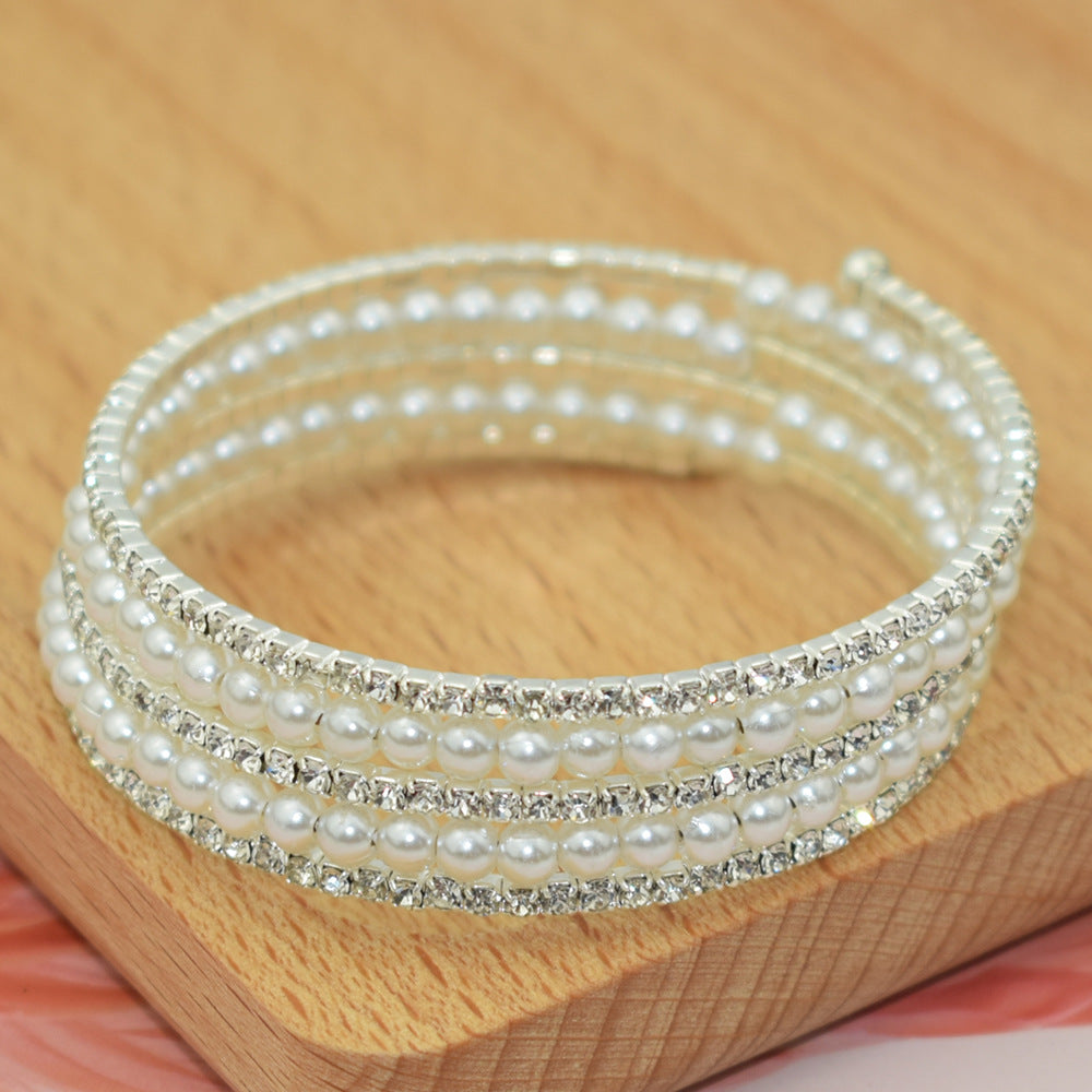 Fashion Shiny Rhinestone Pearl Row Brace Bracelet
