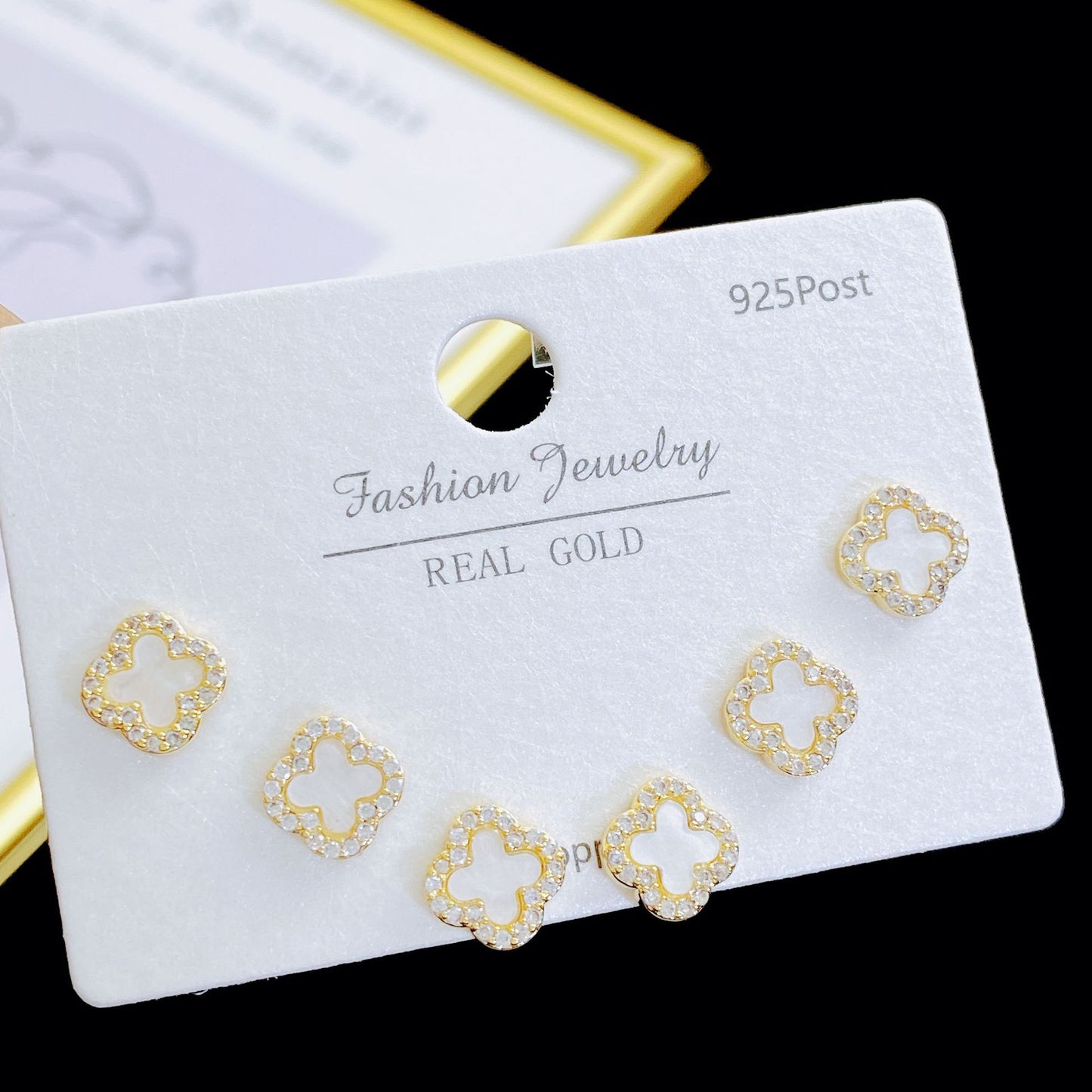 Exquisite Fashion Zircon Four-leaf Flower One Card Three Pairs Stud Earrings