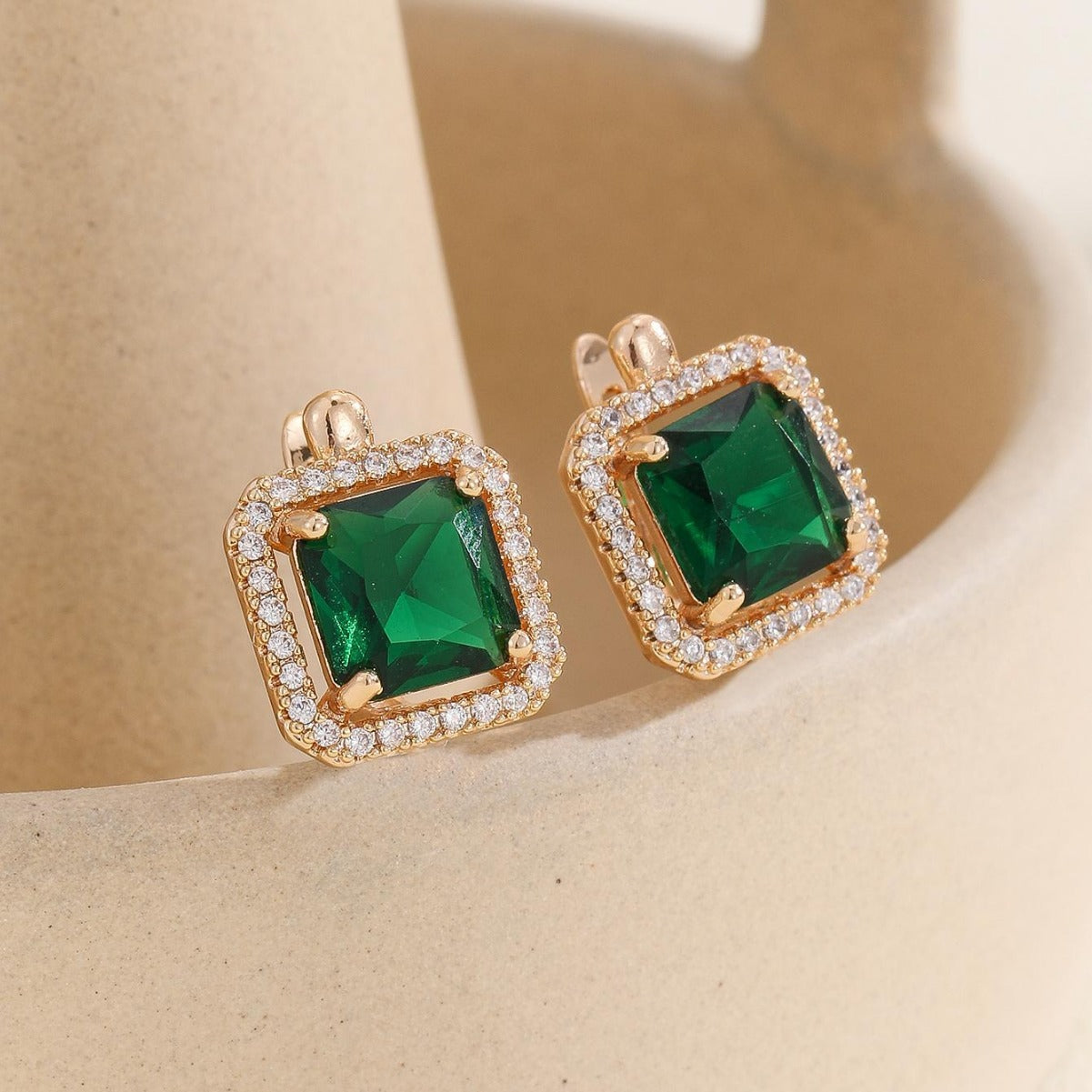 Women's Fashion Emerald Copper Small Retro Affordable Luxury Geometric Square Zircon Earrings