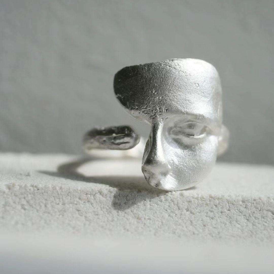 Textured Mask Sier Handmade Open Versatile Personality Frosted Rings - White gold color