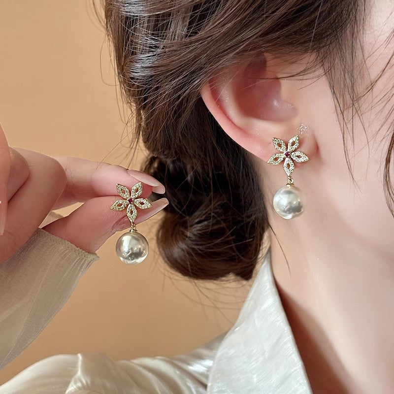 Needle Zircon Flower Pearl Tassel Retro Earrings