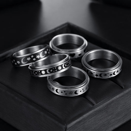 Men's Rotatable Decompression Titanium Steel Sun Star Rings