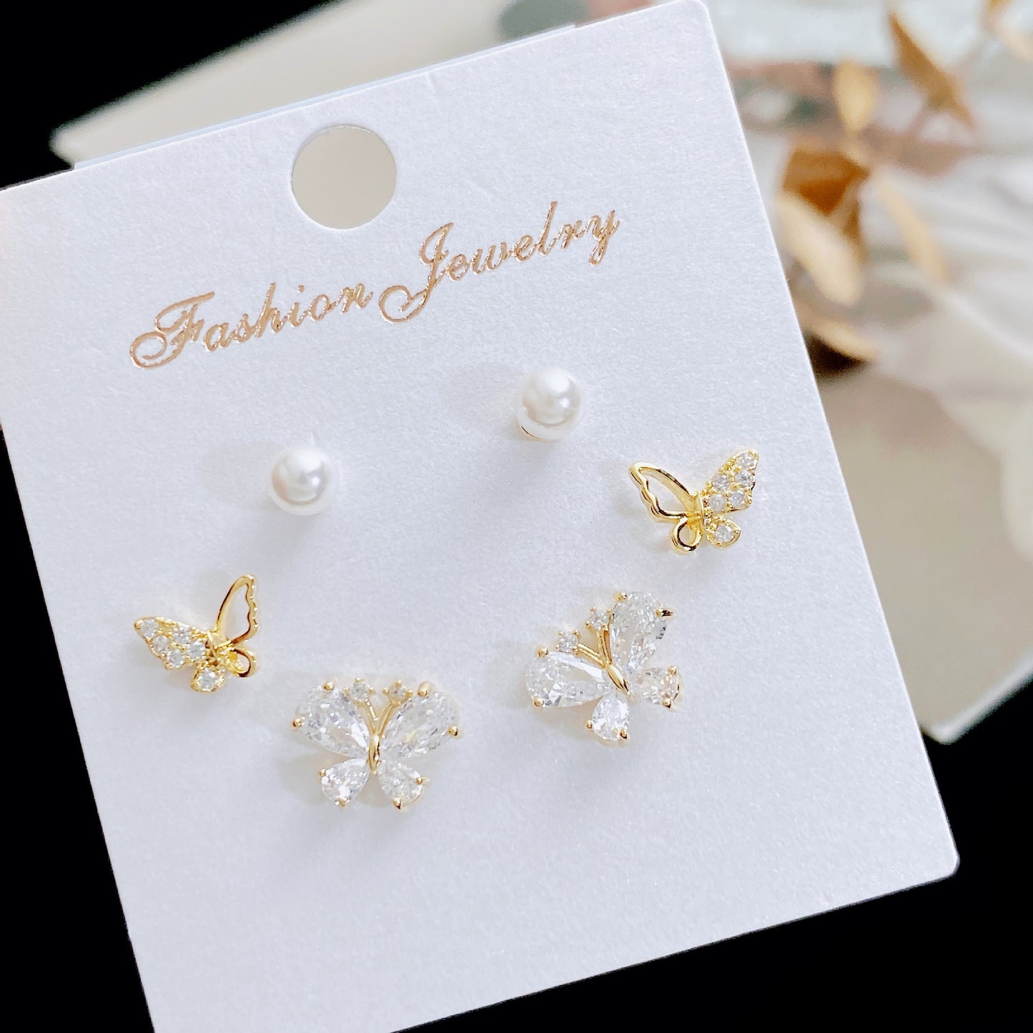 Women's Rhinestone Pearl Three Pairs Storage Ear Earrings