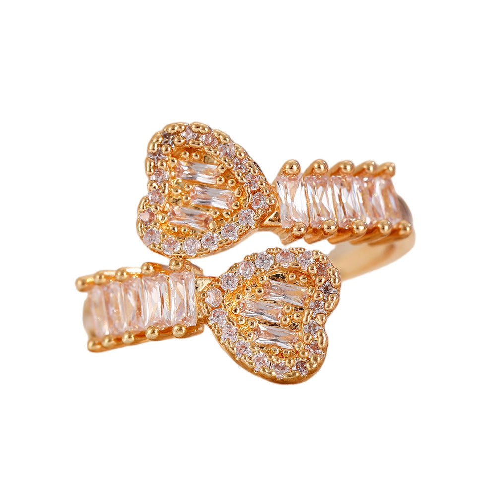 Vintage Zircon Loving Heart With Opening Adjustable Female Style Everyday Rings