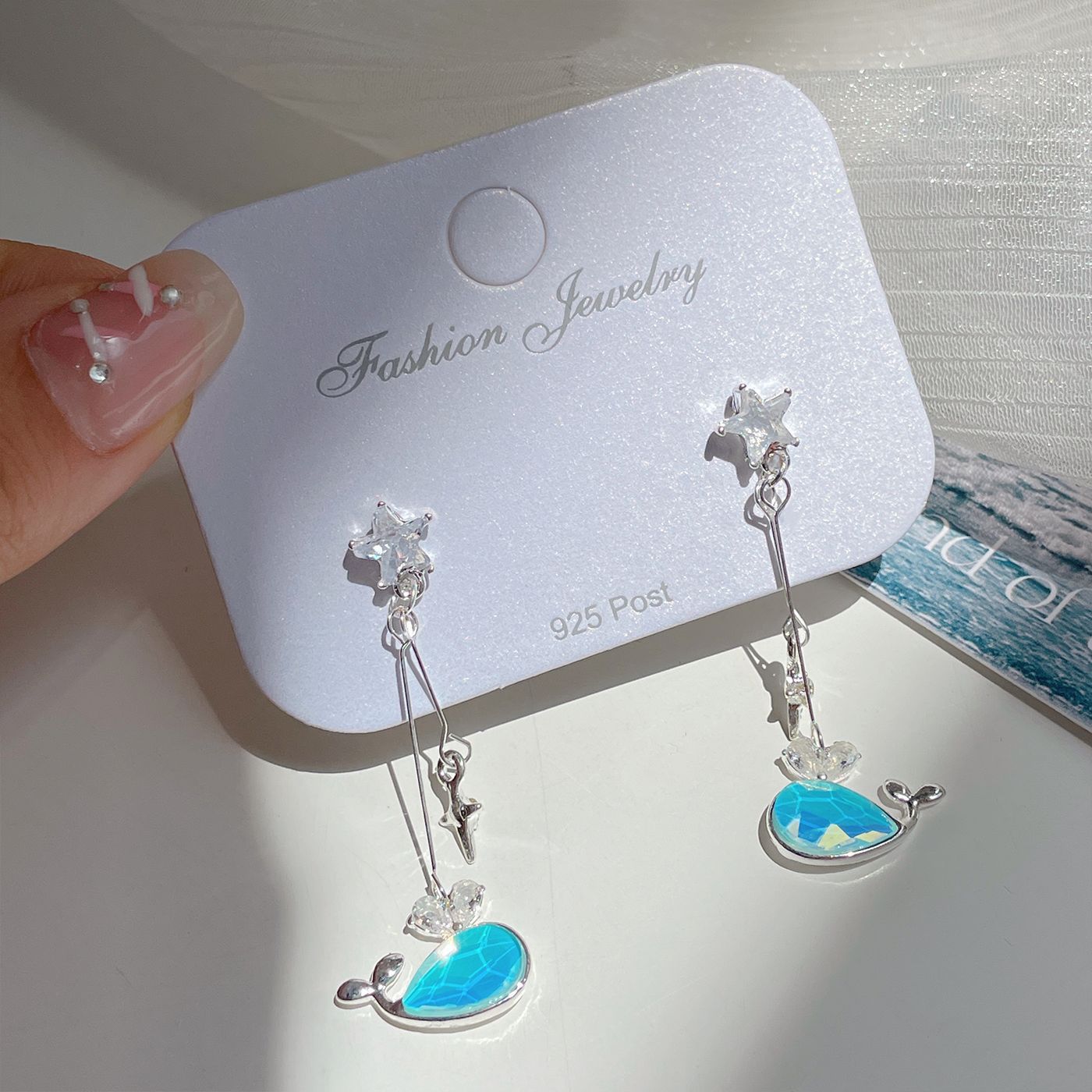 Series Blue Female Sier Needle Simple Shell Seaside Vacation Earrings