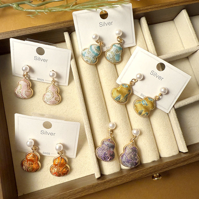 Women's Dynasty Brocade Gourd For Sier Needle Pearl Earrings