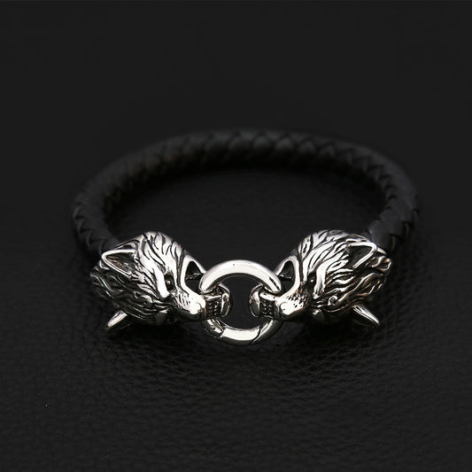 Men's Viking Titanium Steel Wolf Head Handmade Leather Cord Personalized Bracelets