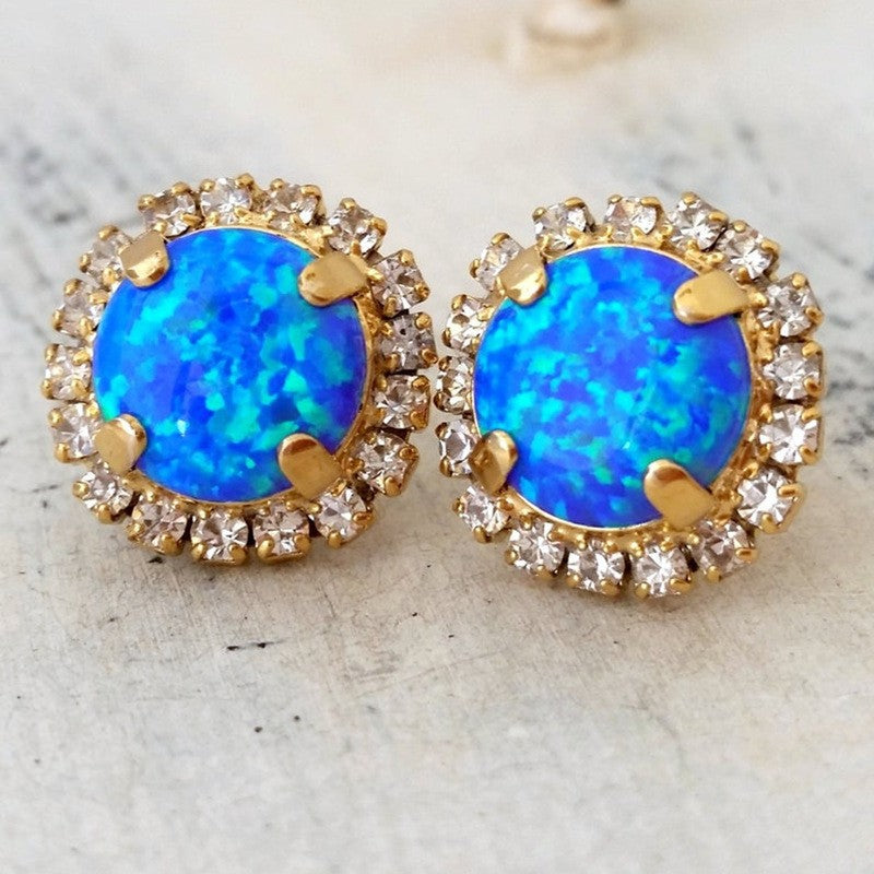 Women's Sells White Gem Copper Inlaid Diamond Oval Earrings