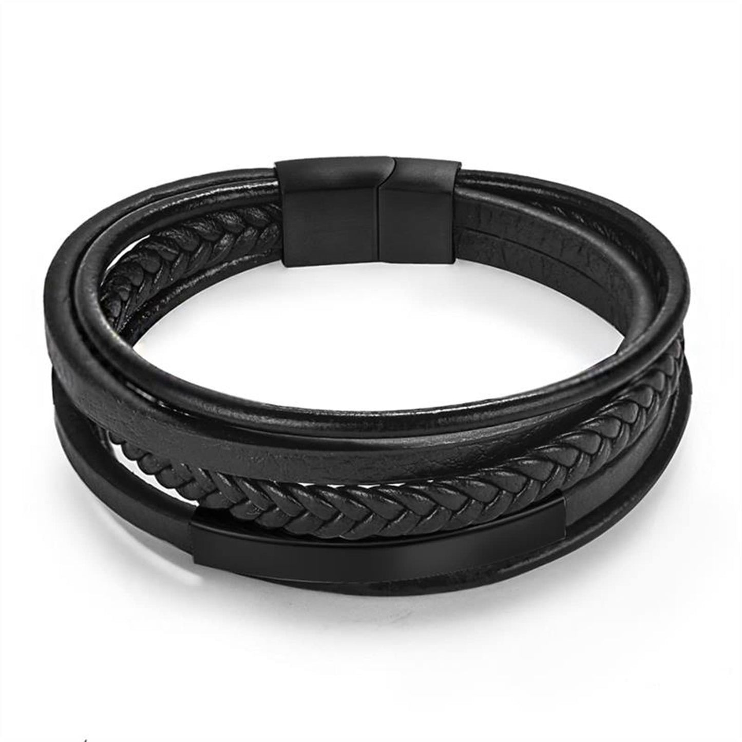 Men's Steel Leather Elbow Lettering Black Magnetic Bracelets