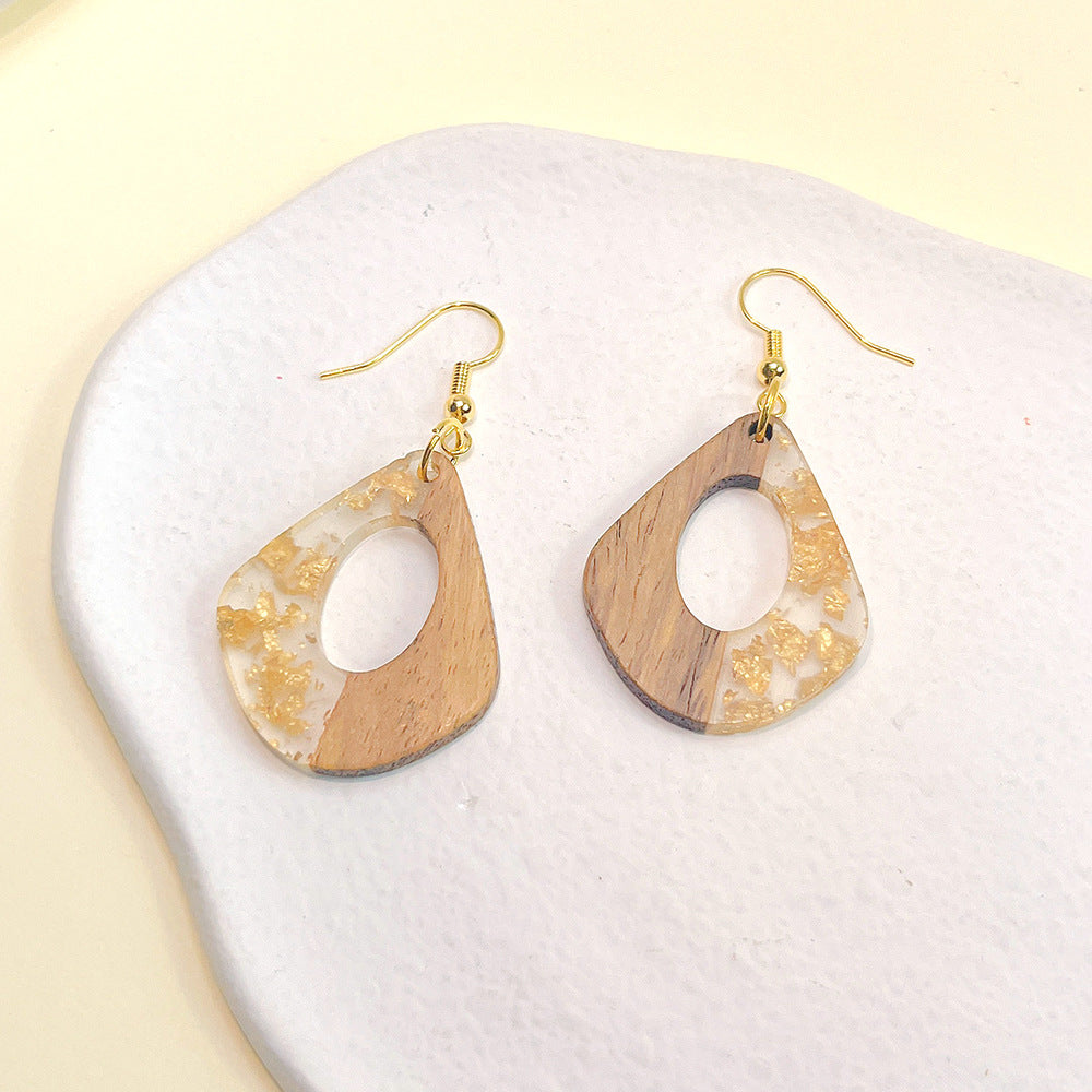 Women's Color Matching Wooden Gold Foil Geometric Earrings