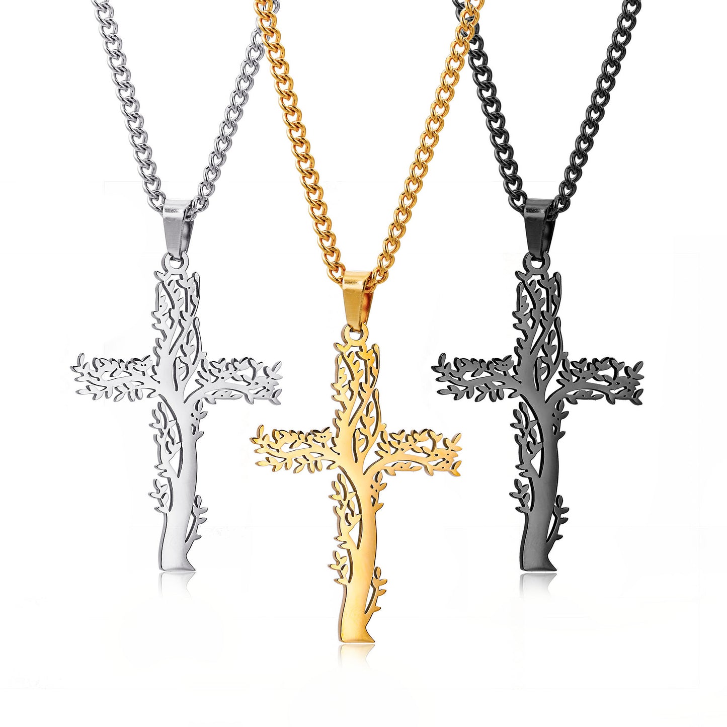 Men's Titanium Steel Lucky Tree Cross Personalized Hip Hop Fashion Necklaces