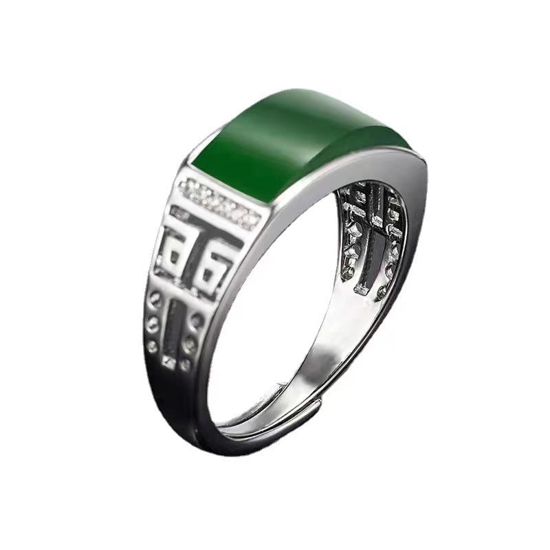 Men's Domineering Green Chalcedony Jade Inlaid Spinach Rings