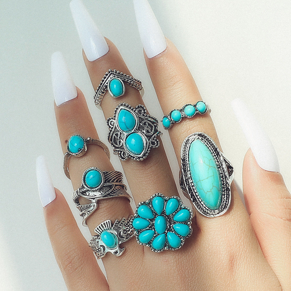 Style Retro Turquoise Carved Feather Fashion Rings