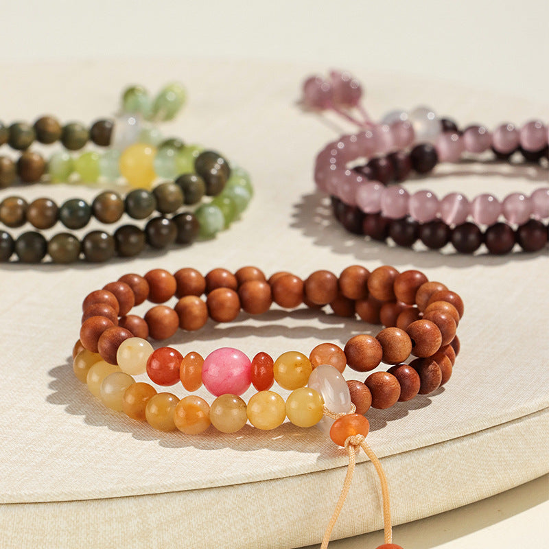 Chinese Style Agate Gold Sandalwood Beaded Double Bracelets