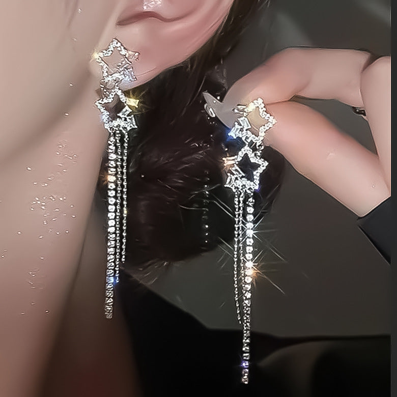 Five-pointed Star Diamond Long Tassel Rhinestone Earrings