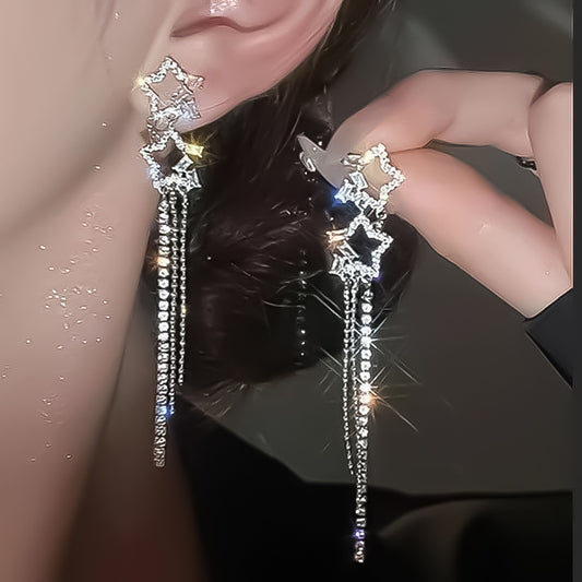 Five-pointed Star Diamond Long Tassel Rhinestone Earrings