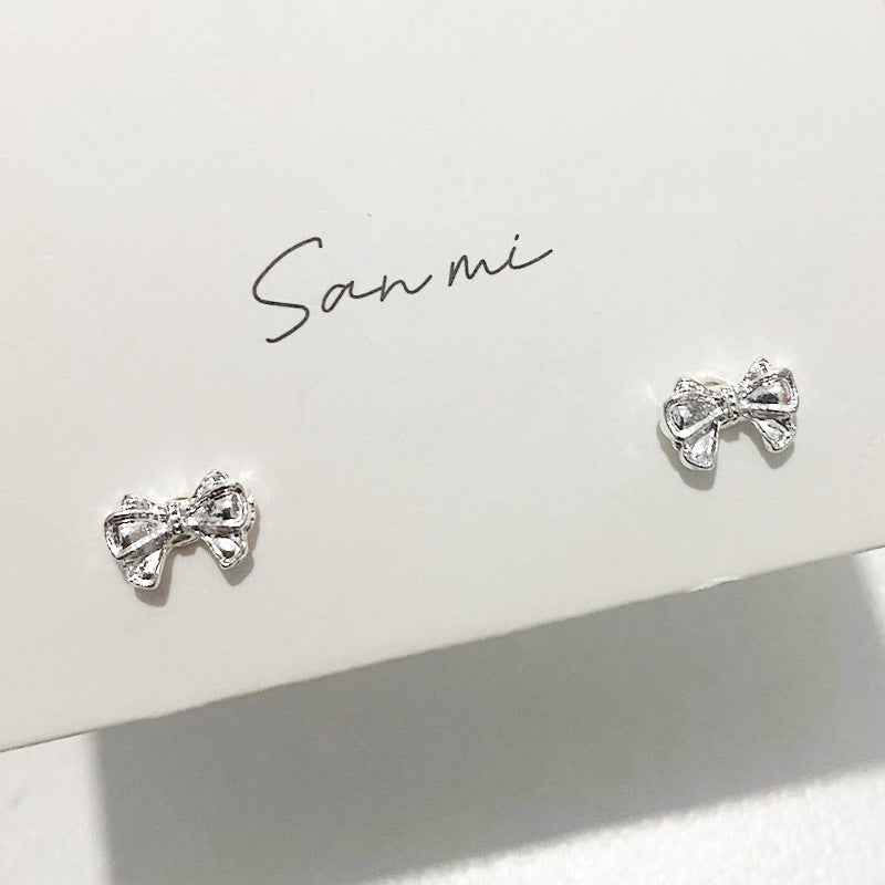 Fresh Plain Sier Plated Bow Female Small Simple Stud Earrings