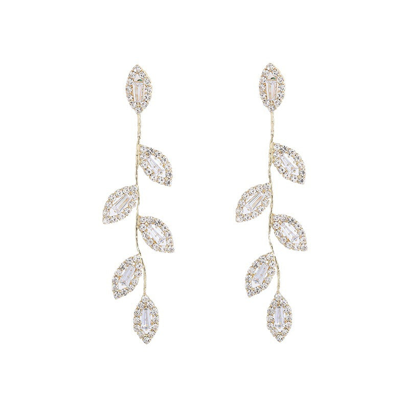 Rhinestone Zircon Leaf Tassel Long Gold Plated Earrings