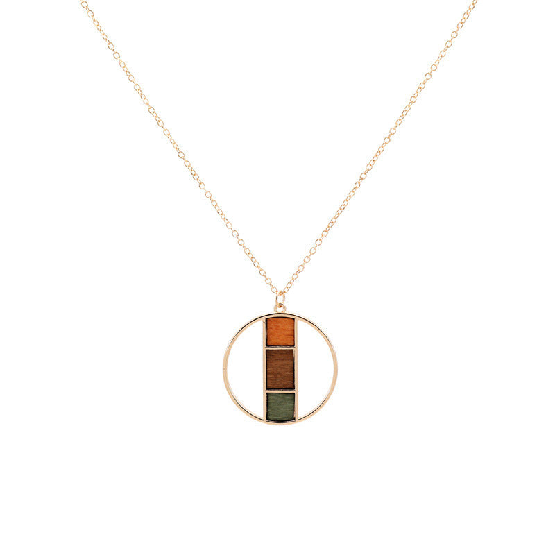 Design Popular Geometric Wood Color Contrast Patchwork Necklaces