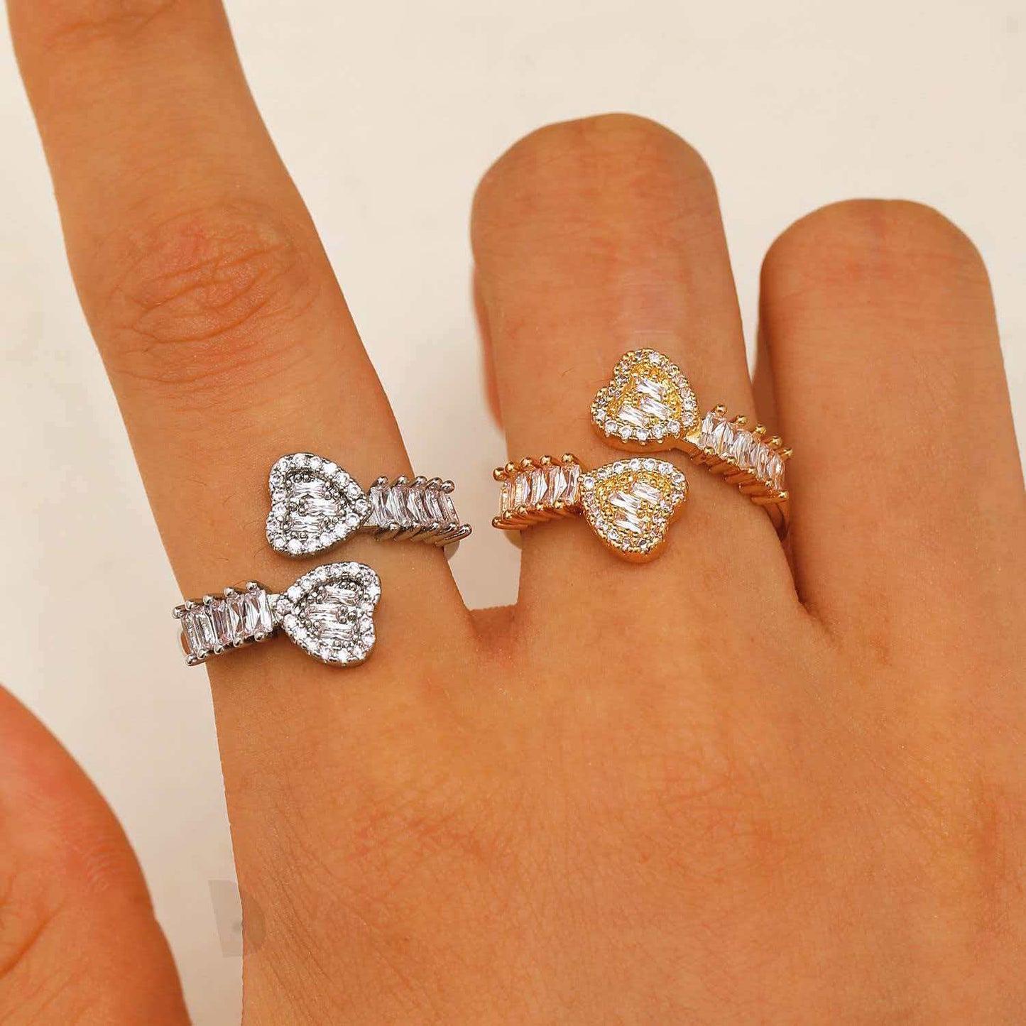 Vintage Zircon Loving Heart With Opening Adjustable Female Style Everyday Rings