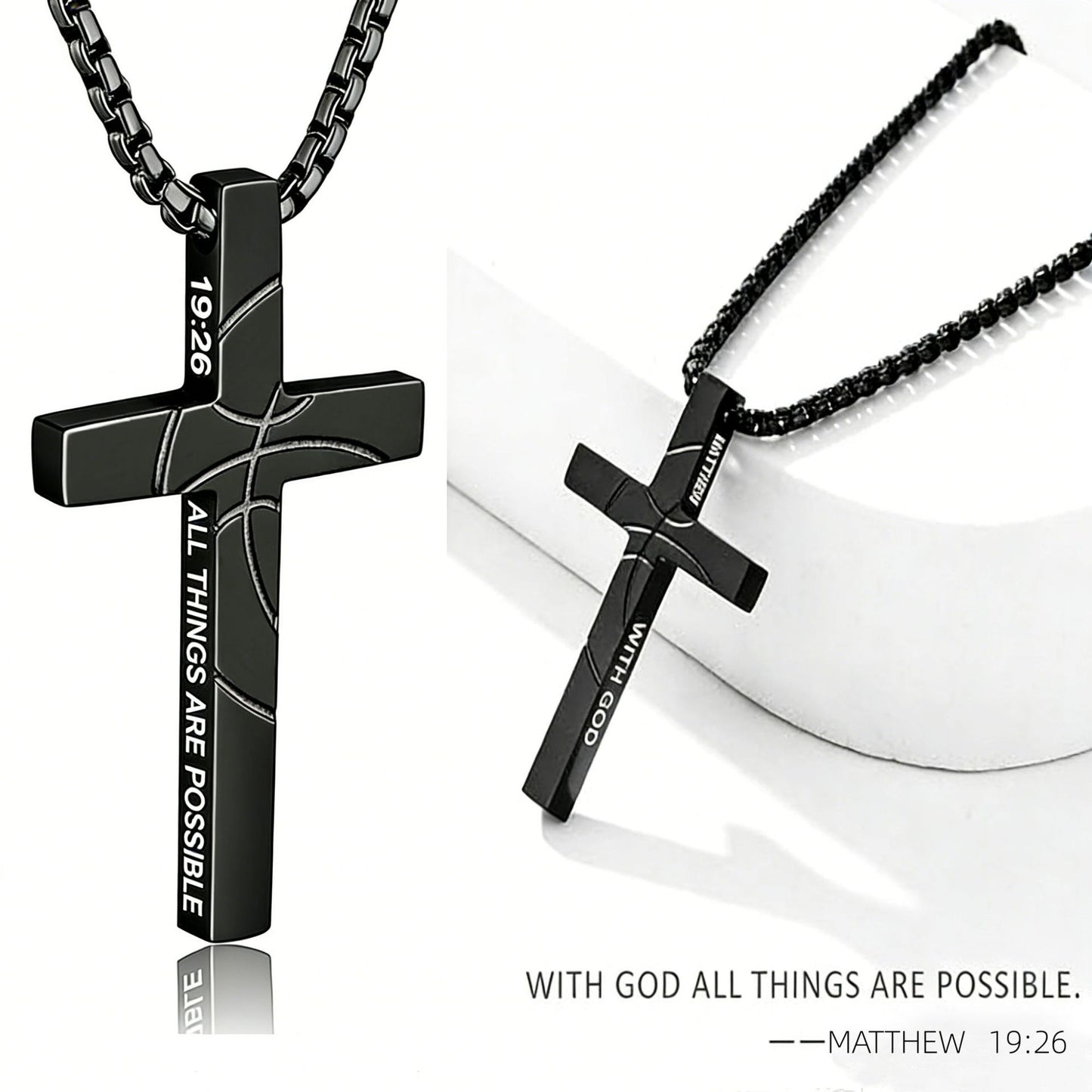Men's Basketball Cross Double-sided Lettering Inspirational Scripture Personalized Necklace