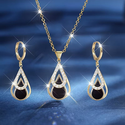 Luxury Advanced Diamond Fashion Black Water Drop Hollow Simplicity White Jewelry Set