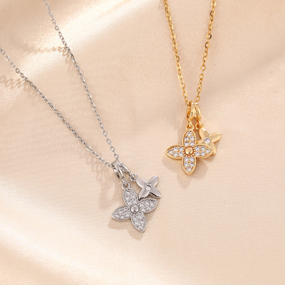 Women's Titanium Steel Design Diamond Double Clover Fashion Necklace