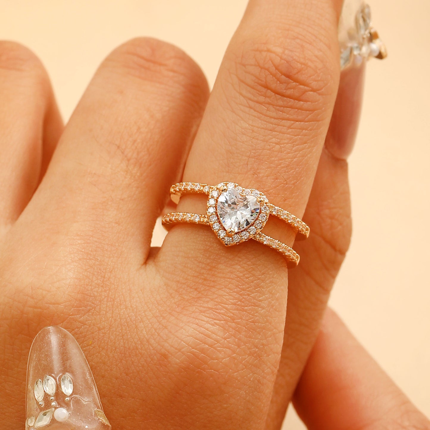 Vintage Zircon Loving Heart With Opening Adjustable Female Style Everyday Rings