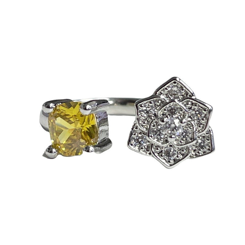 Luxury High-grade Yellow Diamond Rose Cube Candy Open Female Rings