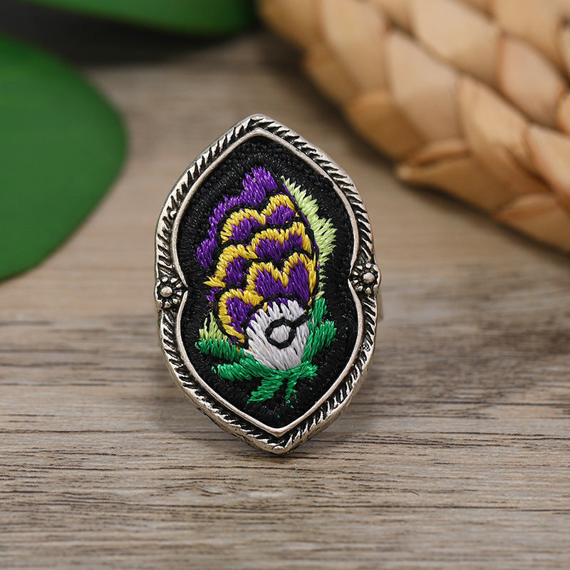 Sier Embroidered Vintage Classic Embroidery Pansy Open Female Rings