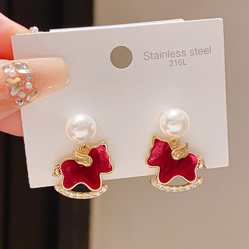 Women's Sier Needle Zircon Life Red Pony Light Luxury Earrings