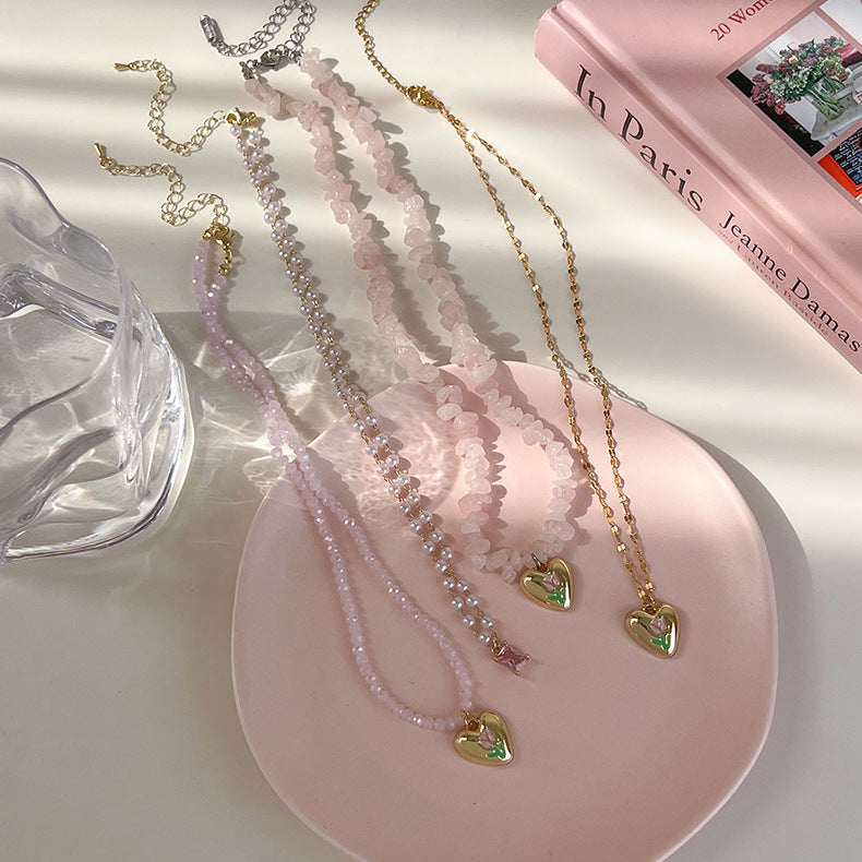 Women's Diamond Tulip Love Pearl Fashion Sense Niche Clavicle Necklaces