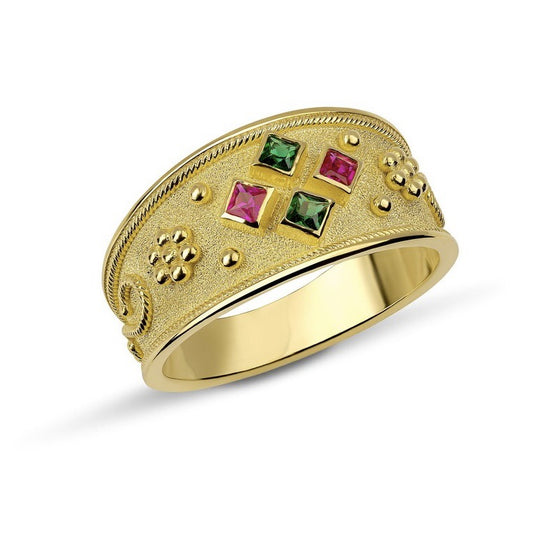 Women's Vintage Court Gold Inlaid Colorful Crystals Rings