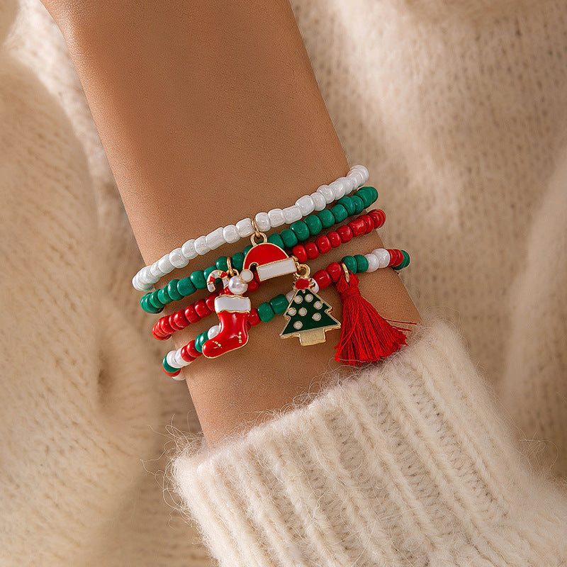 Bell Santa Claus Deer Snowman Red Rope Bracelets