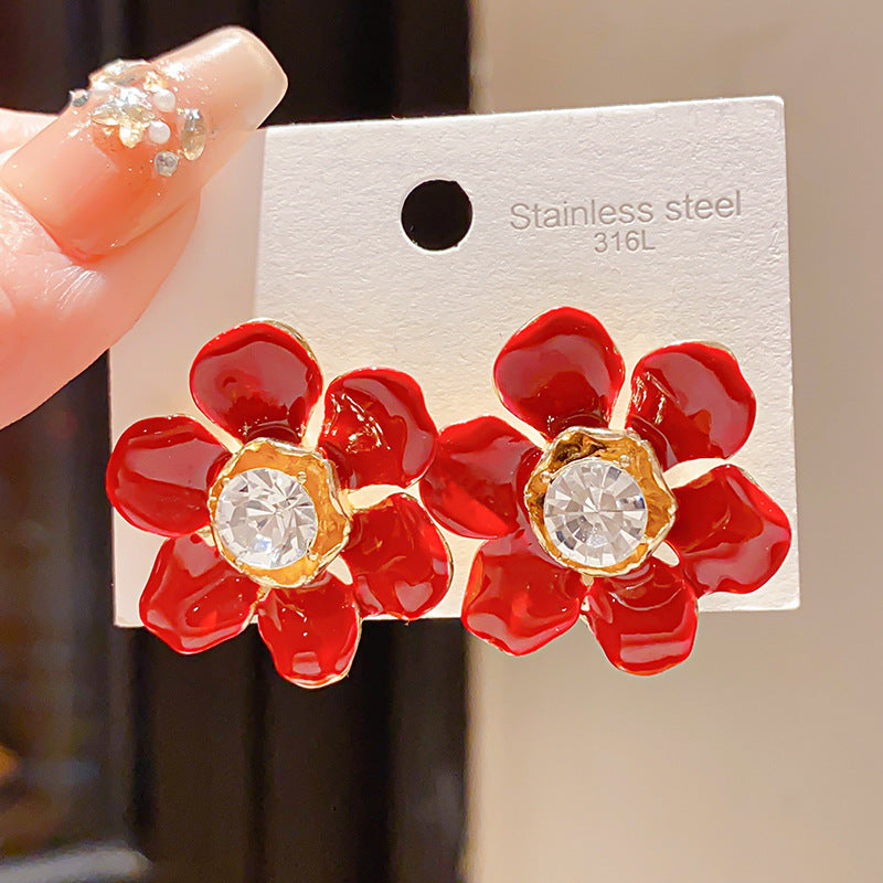 Women's Sier Needle Zircon Life Red Pony Light Luxury Earrings