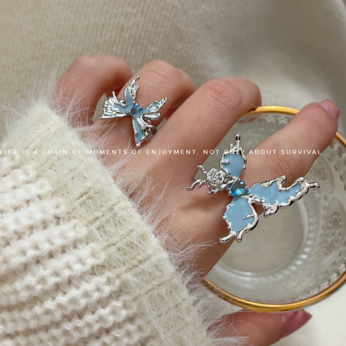 Women's Enamel Blue Butterfly Opening Cold Wind Affordable Ring