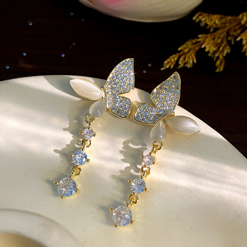 Lux Fashion Micro Inlaid Zircon Butterfly Long Earrings