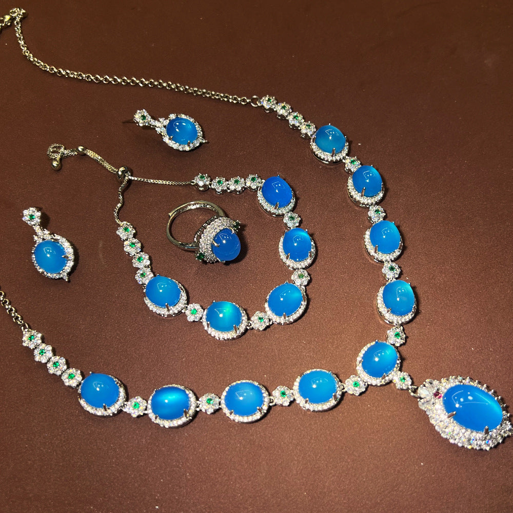 Chinese Sapphire Chalcedony Retro Court Sier Jewelry Set