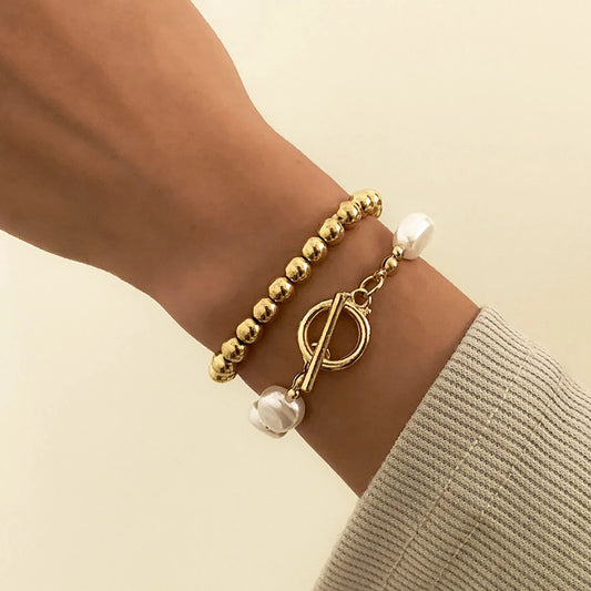 Punk Metal Pearl Double Layer Stack Bracelets