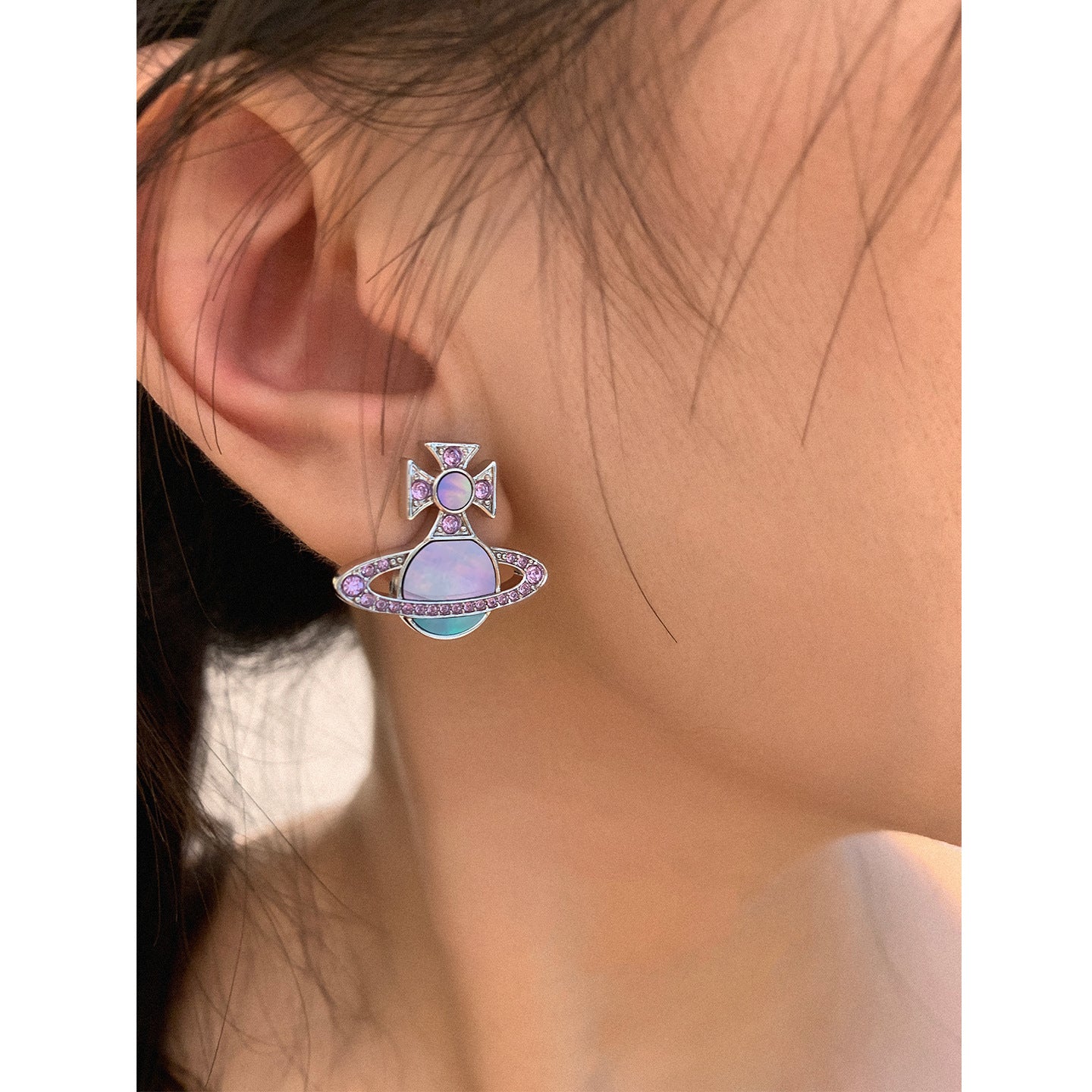 Fritillary Saturn Full Diamond Colorful Natural Shell Earrings